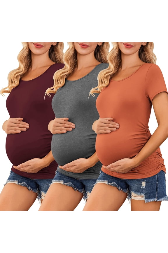 Womens Maternity Shirts 3 Packs Side Ruched Pregnancy Tee Top Tunic Blouse Casual Mama Clothes