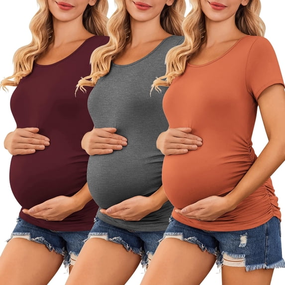 Ekouaer Womens Maternity Shirts 3 Packs Side Ruched Pregnancy Tee Top Tunic Blouse Casual Mama Clothes