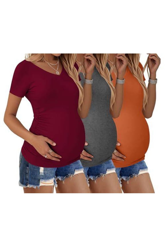 Womens Maternity Shirts 3 Packs V Neck Tops Tunic Pregnancy Clothes Side Ruched Short Sleeve Casual T Shirt S-XXL Caramel/Wine Red/Dark Grey