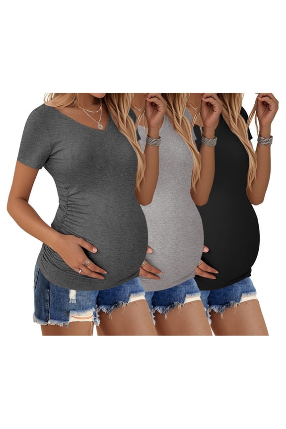 Womens Maternity Shirts 3 Packs V Neck Tops Tunic Pregnancy Clothes Side Ruched Short Sleeve Casual T Shirt S-XXL Black/Light Grey/Dark Grey