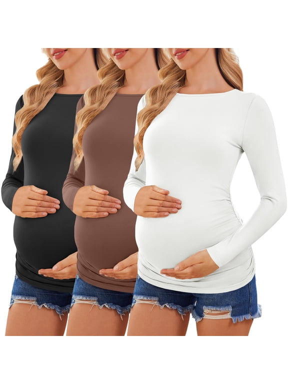 Womens Maternity Shirts Boat Neck 3 Packs Pregnancy Tops Long Sleeve Tunic Tees Casual Blouse New Mama Clothes