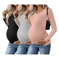 thumbnail image 1 of Ekouaer Womens Maternity Shirts Long Sleeve 3 Packs Pregnancy V-Neck Clothes Side Ruched Blouse Tops for Mama, 1 of 7
