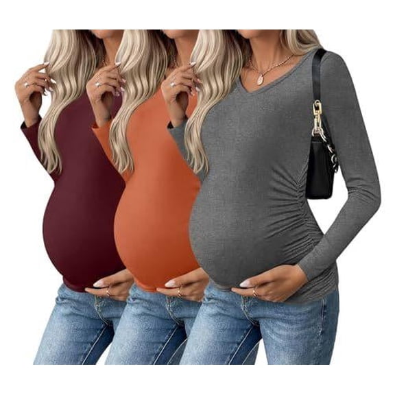 Ekouaer Womens Maternity Shirts Long Sleeve 3 Packs Pregnancy V-Neck Clothes Side Ruched Blouse Tops for Mama