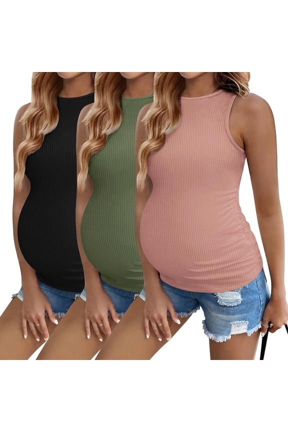 Womens Maternity Tank Tops Ribbed 3 Pack Pregnancy Workout Shirts Summer Mama Clothes