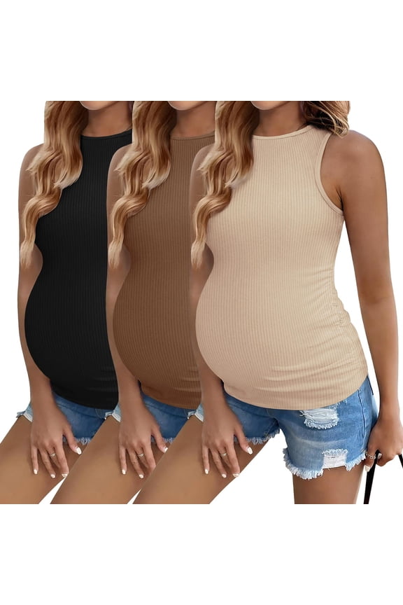 Women Maternity Tank Tops 3 Packs Crew Neck Ribbed Pregnancy Shirts Mama Clothes