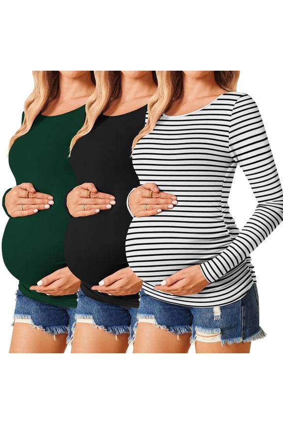 Womens Maternity Top Shirt Long Sleeve 3 Pack Pregnancy Tee Shirts Pregnant Clothes Black/Green/White Stripe