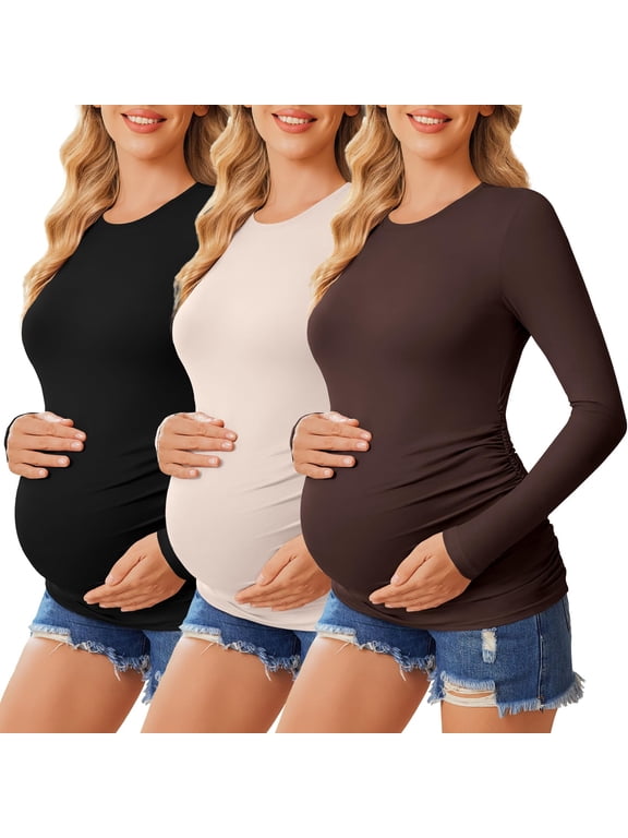 Womens Maternity Tops Long Sleeve 3 Pack Pregnancy Tee Shirts Pregnant Clothes Black/Brown/Beige