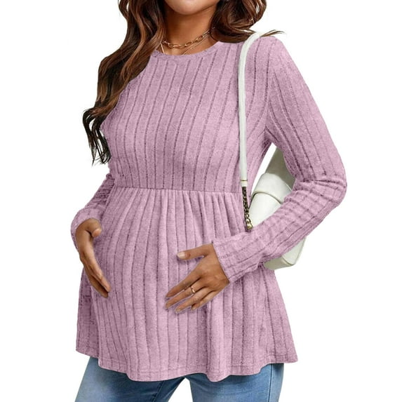 Ekouaer Womens Maternity Tops Long Sleeve Pregnancy Tunic Blouses Crew Neck Ribbed Shirts Pregnant Clothes