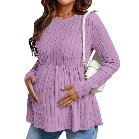 Ekouaer Womens Maternity Tops Long Sleeve Pregnancy Tunic Blouses Crew Neck Ribbed Shirts Pregnant Clothes