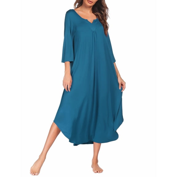Ekouaer Nightgown for Women Long Nightshirt Maxi Sleepshirts V Neck Loungewear 3/4 Sleeve Sleepwear Full Length Sleep Dress
