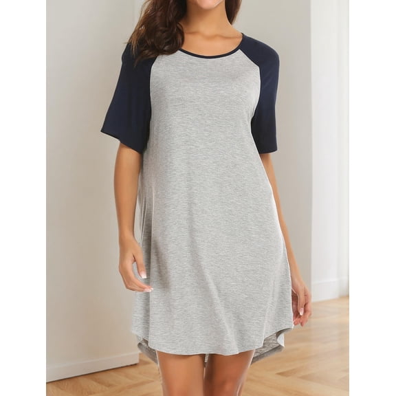 Ekouaer Womens, Nightgown Nightshirt, Short Sleeve, Raglan Sleepshirt, Boyfriend Style Sleepwear Light Gray L