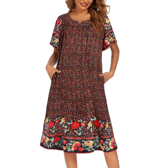 Ekouaer Womens Nightgown Short Sleeve House Dress with Pockets-Floral Print Mumu Dress