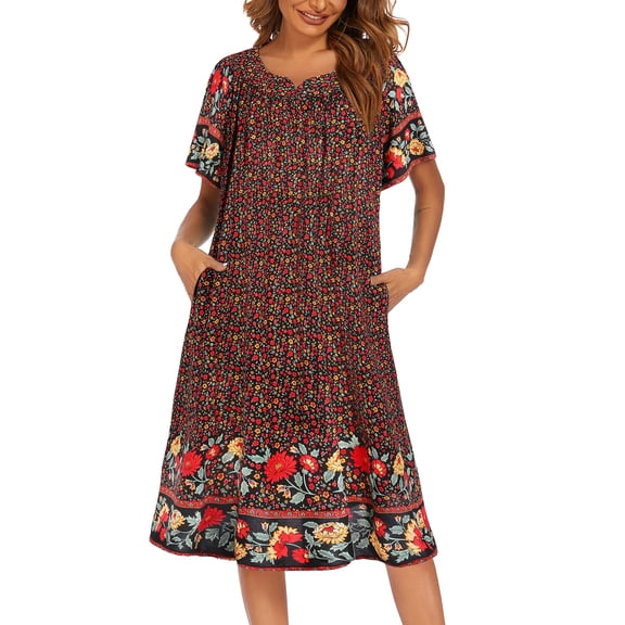 Ekouaer Womens Nightgown Short Sleeve House Dress with Pockets-Floral Print Mumu Dress