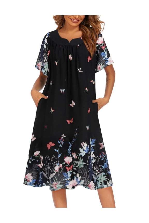 Womens Nightgown Short Sleeve House Dress with Pockets-Floral Print Mumu Dress