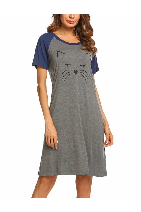 Womens Nightgown Short Sleeve Night Dress Printed Sleepwear Soft Sleep Shirt