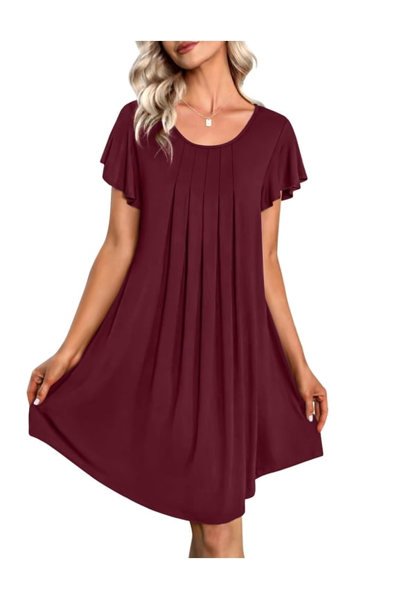 Womens Nightgown Soft Sleepwear Pleated Sleepshirt Sleep Dress Short Sleeve Nightdress