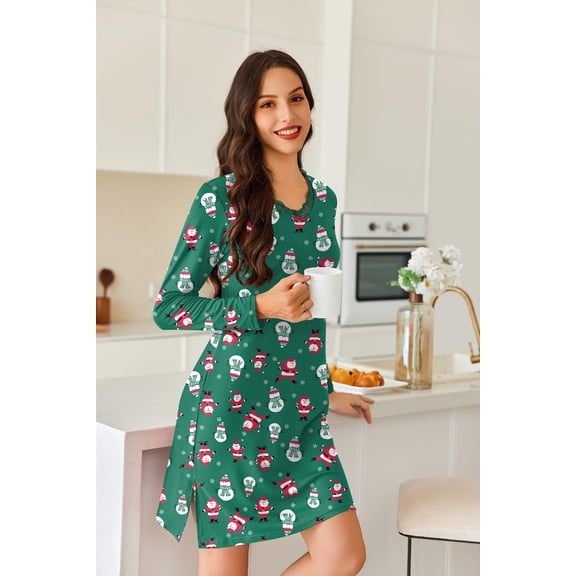 Ekouaer Womens Nightgowns Long Sleeve Ladies Night Shirt V Neck Loungewear Soft Sleep Dress Pat7 XXL