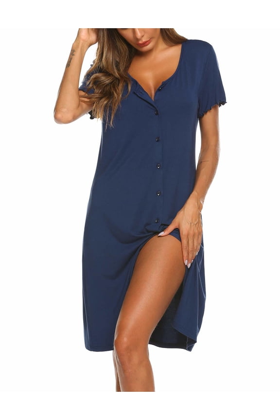 Womens Nightgowns Soft Sleepwear Plus Size Sleep Shirt Short Sleeve Nightshirt Button Down Sleepshirt