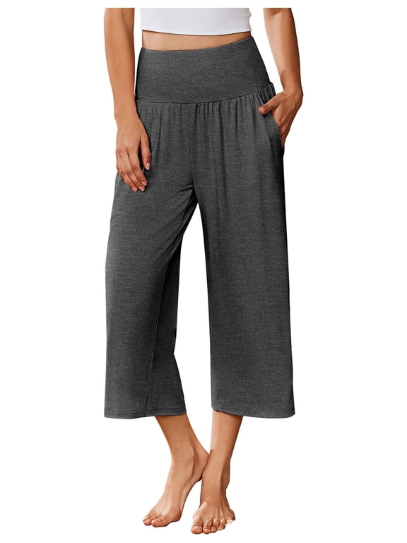 Womens Pajama Pants Wide Leg Capri Yoga Pants Lounge Comfy Sleep Pj Bottoms with Pockets Grey