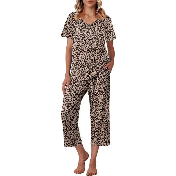 Ekouaer Womens Pajama Set 2 Piece Cotton Pj Short Sleeve Sleepwear Top with Capri Pants Print Nightwear