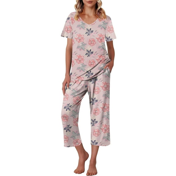 Ekouaer Womens Pajama Set 2 Piece Cotton Pj Short Sleeve Sleepwear Top with Capri Pants Print Nightwear