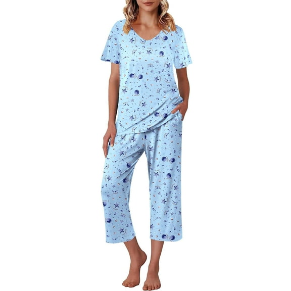 Ekouaer Womens Pajama Set 2 Piece Cotton Pj Short Sleeve Sleepwear Top with Capri Pants Print Nightwear