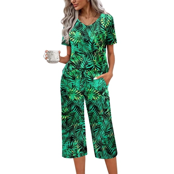 Ekouaer Womens Pajama Set 2 Piece Cotton Pj Short Sleeve Sleepwear Top with Capri Pants Print Nightwear