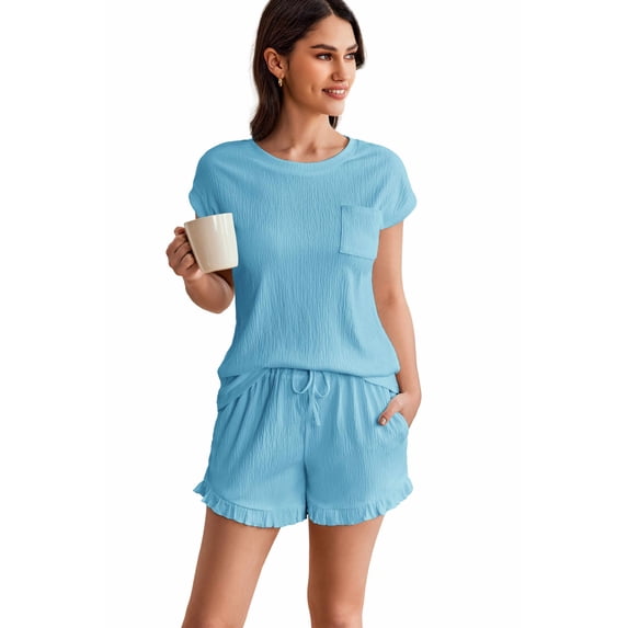 Ekouaer Womens Pajama Set Cap Sleeve Tops and Ruffle Shorts Lounge Set 2 Piece Pj Sets Casual Sleepwear with Pockets Light Blue