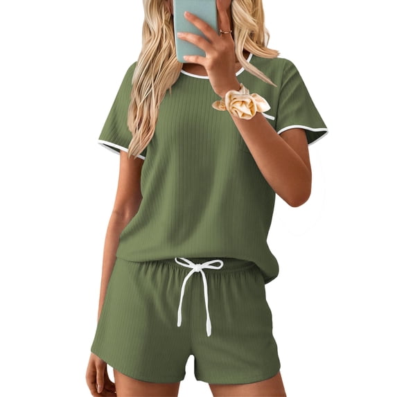 Ekouaer Womens Pajama Set Ribbed Knit Soft Shorts Pjs Summer Sleepwear Two Piece Casual Lounge Sets with Drawstring & Pockets
