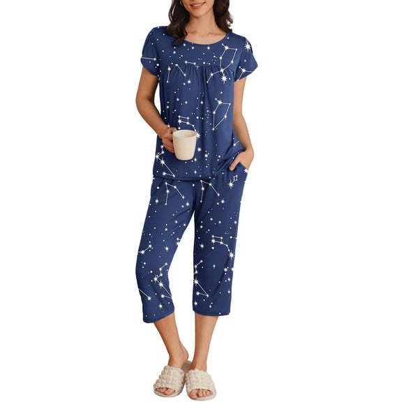 Ekouaer Womens Pajama Set Short Sleeve Sleepwear Pleated Floral Pjs Set Capri Pants Lounge Sets with Pockets