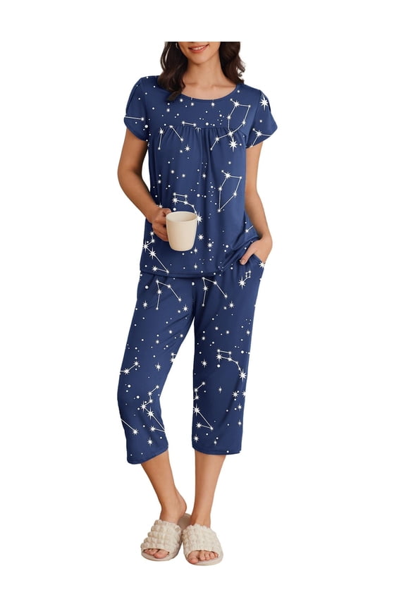 Womens Pajama Set Short Sleeve Sleepwear Pleated Floral Pjs Set Capri Pants Lounge Sets with Pockets