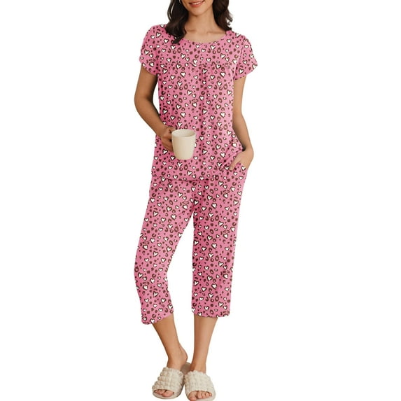 Ekouaer Womens Pajama Set Short Sleeve Sleepwear Pleated Floral Pjs Set Capri Pants Lounge Sets with Pockets