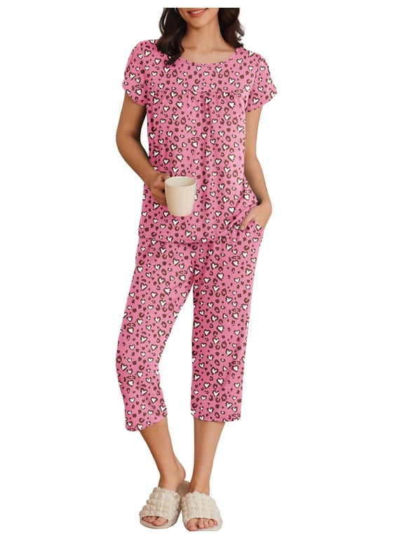 Womens Pajama Set Short Sleeve Sleepwear Pleated Floral Pjs Set Capri Pants Lounge Sets with Pockets