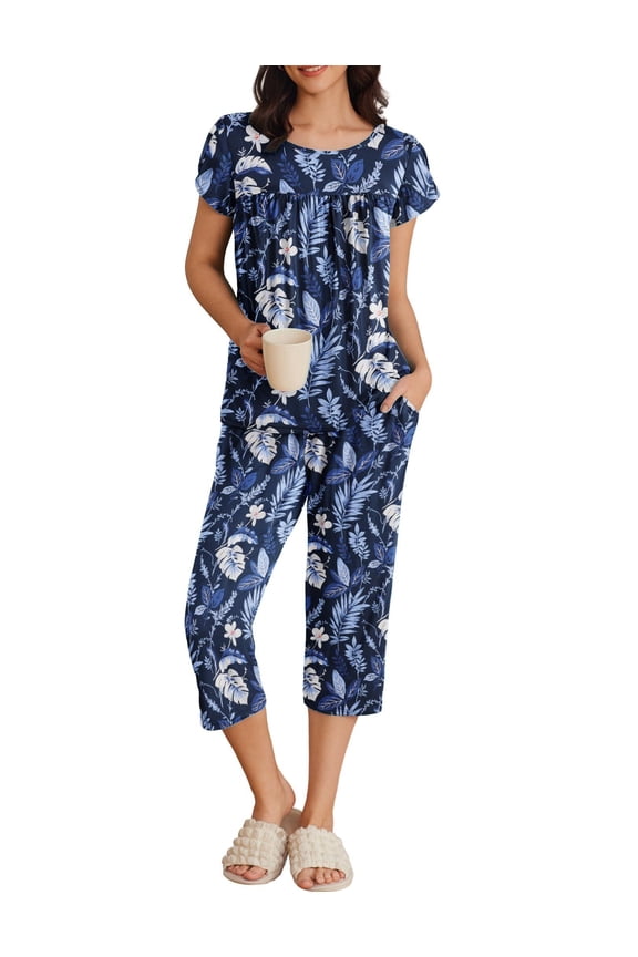 Womens Pajama Set Short Sleeve Sleepwear Pleated Floral Pjs Set Capri Pants Lounge Sets with Pockets