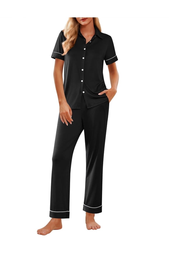 Women Heart Pajamas Set Button Down Short Sleeve Lounge Set with Long Pants Soft and Comfortable Sleepwear