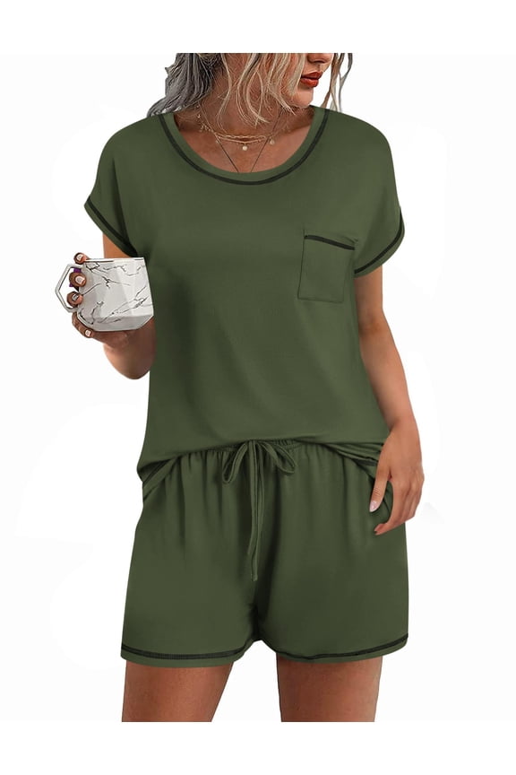 Womens Pajama Sets 2 Piece Soft Short Sleeve Top and Shorts Sleepwear Round Neck Pjs Lounge Set with Pockets