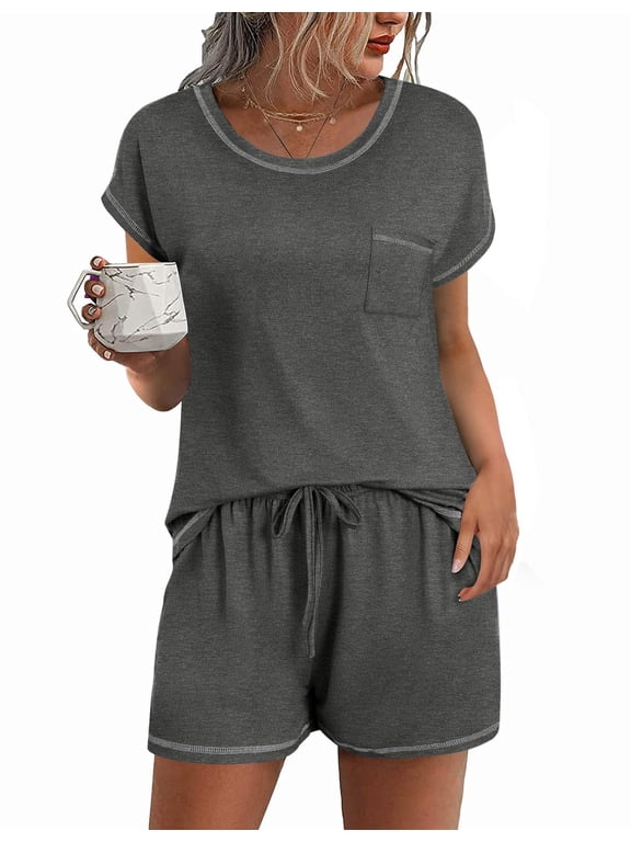 Womens Pajama Sets 2 Piece Soft Short Sleeve Top and Shorts Sleepwear Round Neck Pjs Lounge Set with Pockets