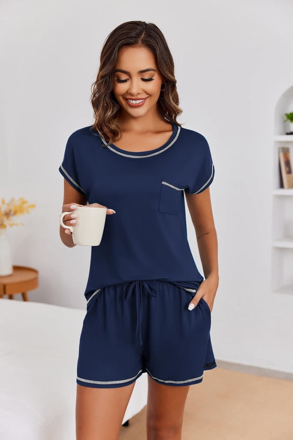 Womens Pajama Sets 2 Piece Soft Short Sleeve Top and Shorts Sleepwear Round Neck Pjs Lounge Set with Pockets