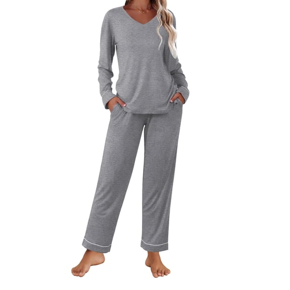 Ekouaer Womens Pajama Sets 2 piece Lounge Sets for Women V-neck Long Sleeve Top and Elastic Waist Pants with Pockets