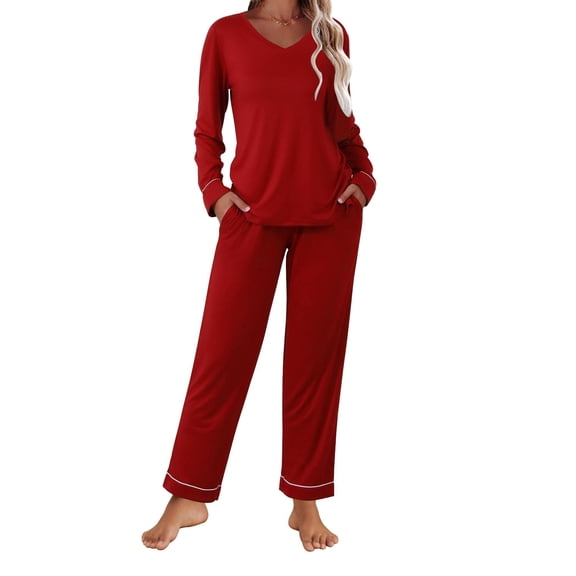 Ekouaer Womens Pajama Sets 2 piece Lounge Sets for Women V-neck Long Sleeve Top and Elastic Waist Pants with Pockets