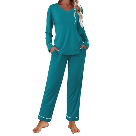 Ekouaer Womens Pajama Sets 2 piece Lounge Sets for Women V-neck Long Sleeve Top and Elastic Waist Pants with Pockets