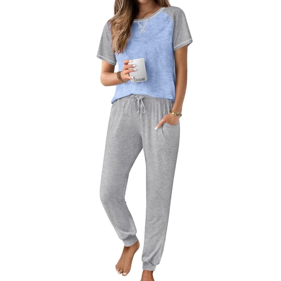 Ekouaer Womens Pajama Sets Short Sleeve Long Pants Pj Sets 2 Piece Summer Jogger Pjs for Women With Pockets