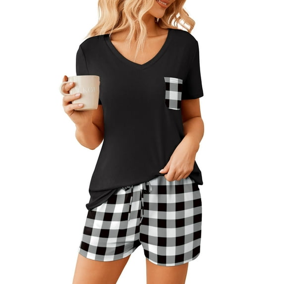 Ekouaer Womens Pajama Sets Short Sleeve Pajamas for Women Sets Soft Lounge Sets Casual V Neck Sleepwear PJS
