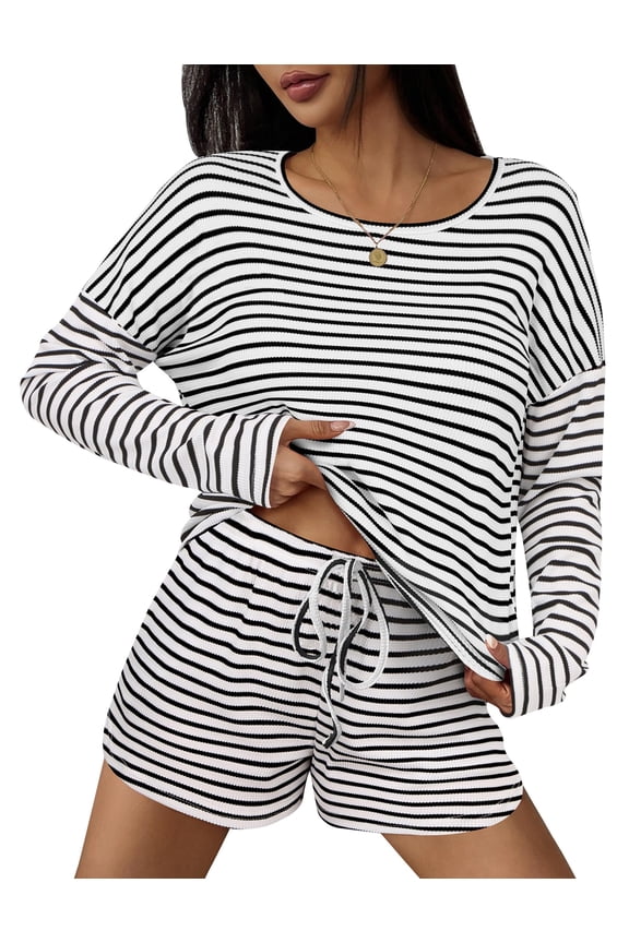 Waffle Lounge Sets 2 Piece Summer Matching Shorts Sets Striped Knit Pajama Sets for Women