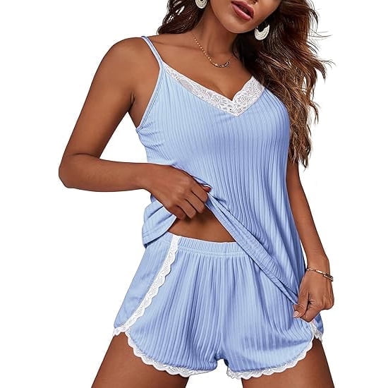 Ekouaer Womens Pajama Sets Soft Lingerie Sleepwear 2 Piece Cami Shorts Set V Neck Pj Lace Nightwear