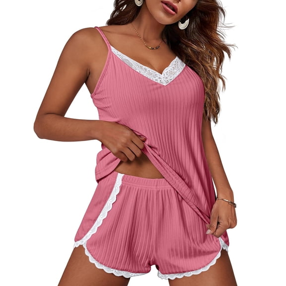 Ekouaer Womens Pajama Sets Soft Lingerie Sleepwear 2 Piece Cami Shorts Set V Neck Pj Lace Nightwear
