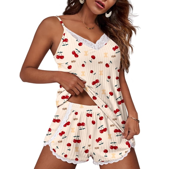 Ekouaer Womens Pajama Sets Soft Lingerie Sleepwear 2 Piece Cami Shorts Set V Neck Pj Lace Nightwear