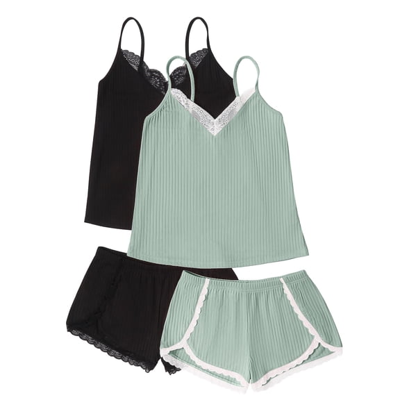 Ekouaer Womens Pajama Sets Soft Lingerie Sleepwear 4 Piece Cami Shorts Set V Neck Pj Lace Nightwear