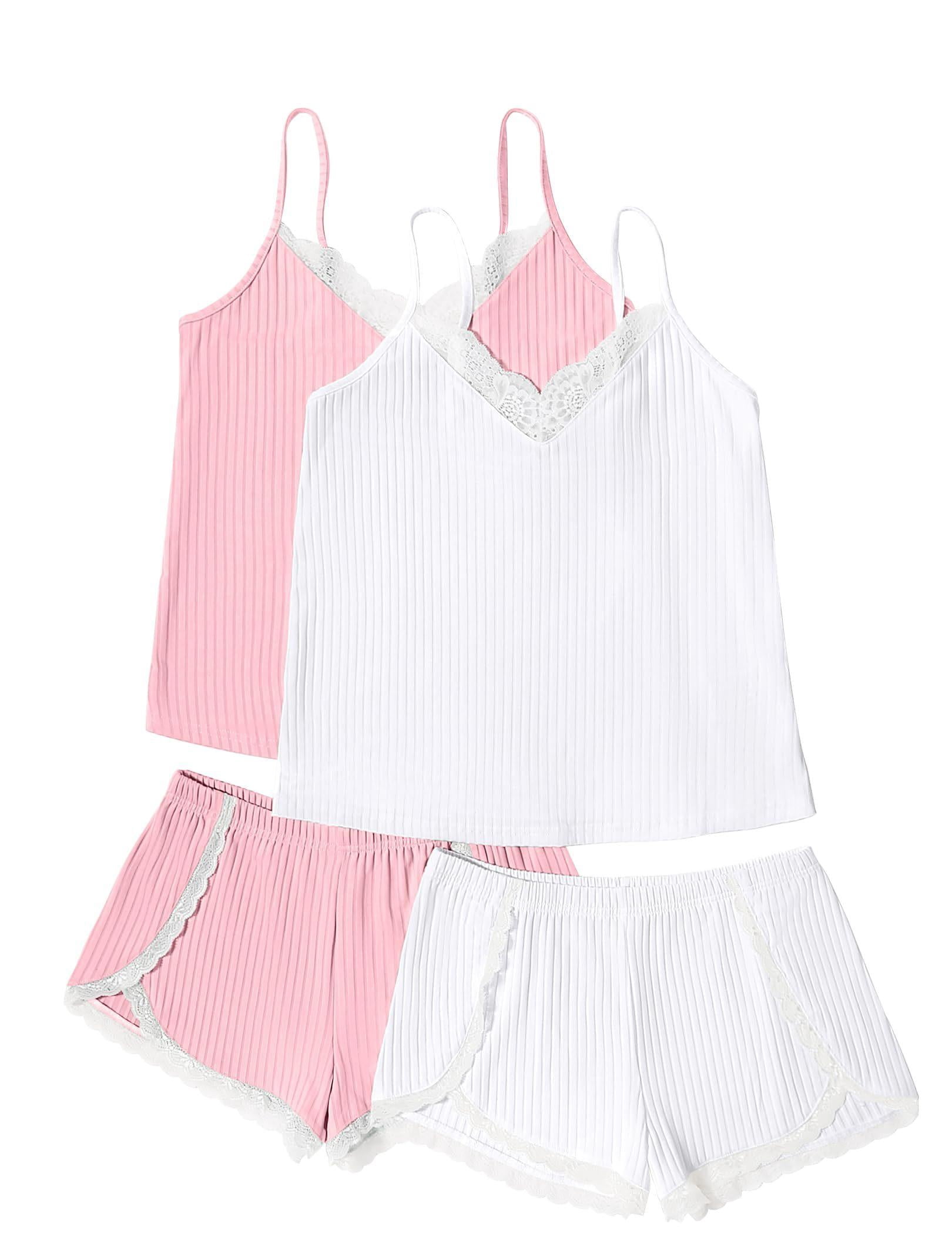 Ekouaer Womens Pajama Sets Soft Lingerie Sleepwear 4 Piece Cami Shorts Set V Neck Pj Lace Nightwear
