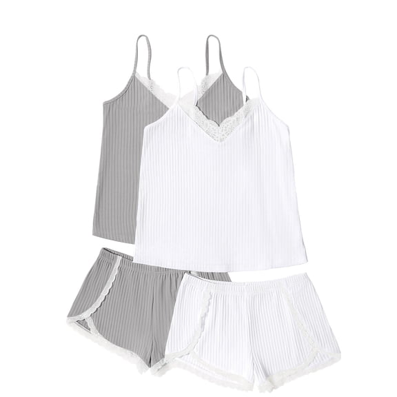 Ekouaer Womens Pajama Sets Soft Lingerie Sleepwear 4 Piece Cami Shorts Set V Neck Pj Lace Nightwear